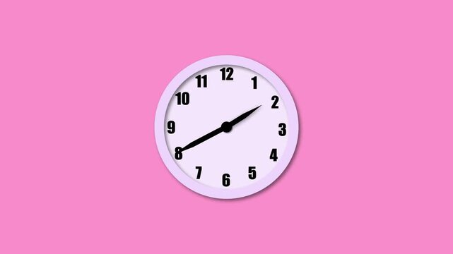 A minimalist wall clock with black numbers and hands on a pink background, showing the time. Round clock or watch icon.