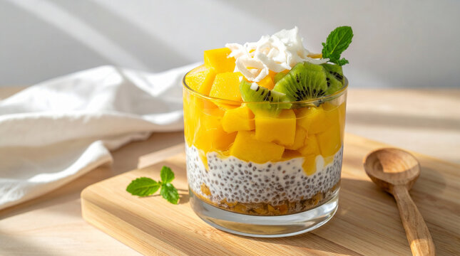 Fresh mango chia pudding topped with kiwi, coconut, and mint, served in a glass on a wooden board under natural morning light