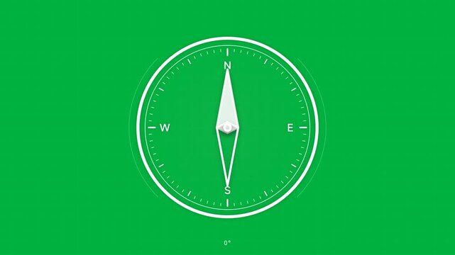Rotating compass with needle spinning through cardinal directions on green screen, navigation animation motion graphic