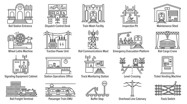 Railway Station Icons: A comprehensive collection of line art icons depicting various railway station facilities and operational elements, including entrance, control desk, maintenance, and more.
