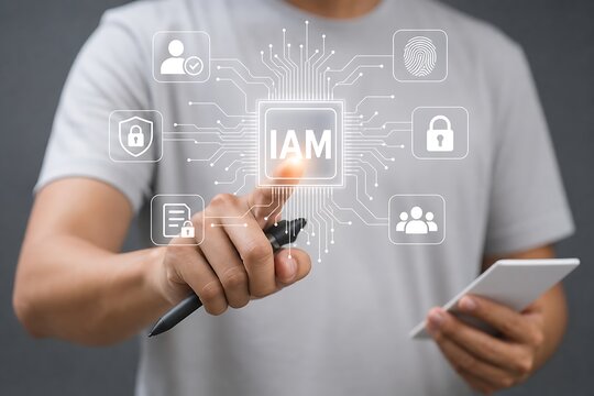 Businessman using smartphone with iam identity and access management interface