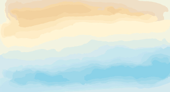 Abstract watercolor background with horizontal gradient transitioning from warm sandy beige and orange tones to soft white and light sky blue with textured paint effects.