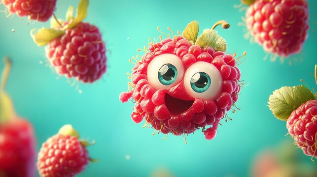 A cute, cartoon raspberry with big eyes and a smiling face floats amidst other raspberries against a teal background.