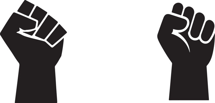 Raised fist protest symbol silhouette vector icon set representing unity, strength, resistance and justice.