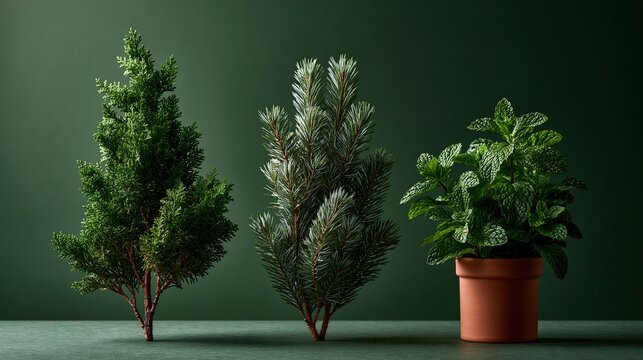 Three different fresh green aromatic plants including small cypress pine tree and potted mint arranged against dark green solid background showing natural greenery
