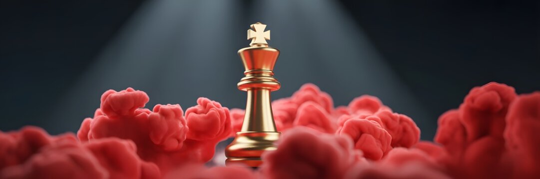 A gold chess queen stands tall among red brain shaped obstacles on a dark background