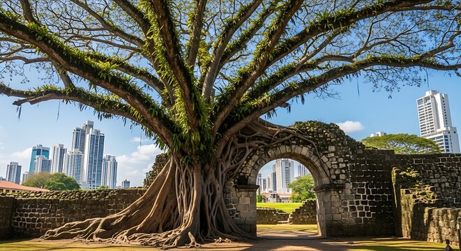 Massive Banyan Tree Growing Beside Historic Stone Arch in Urban Park