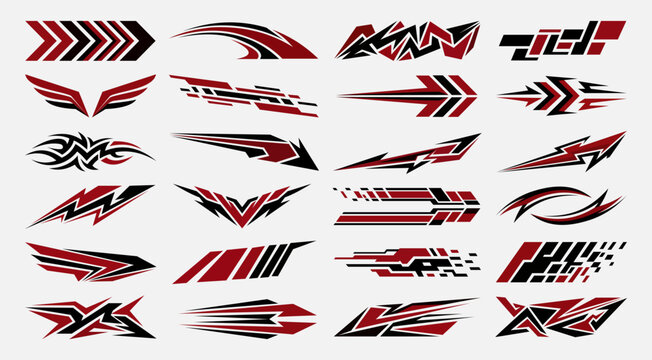 Set of abstract racing car decals and vinyl stickers with aggressive geometric shapes in red and black colors