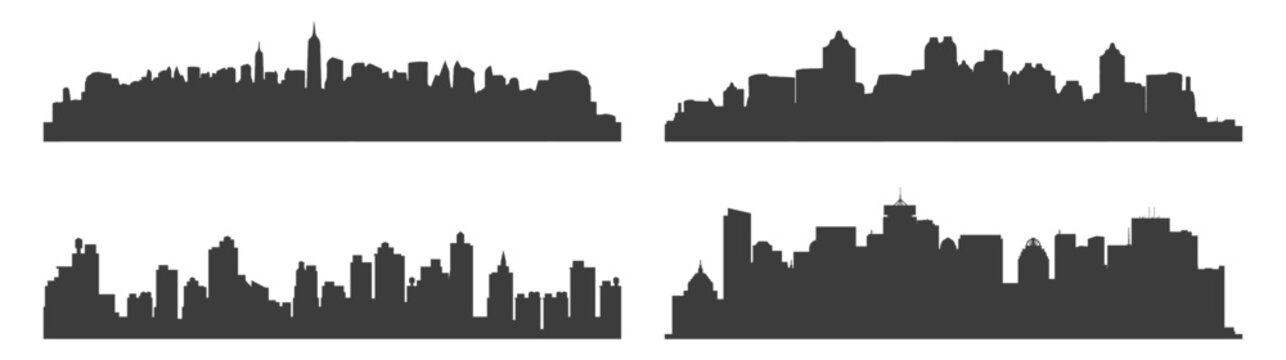 Four black city skyline silhouettes with varied buildings. Urban landscape panorama in vector style.