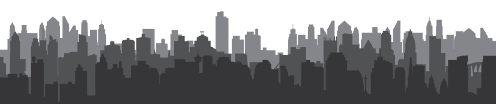 Monochrome city skyline silhouette with varied building shapes. Urban highrise landscape in black and gray.