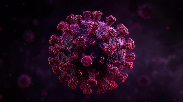 Rotating violet virus cell microscopic, dangerous pathogen and disease immunology medical concept 3D animation