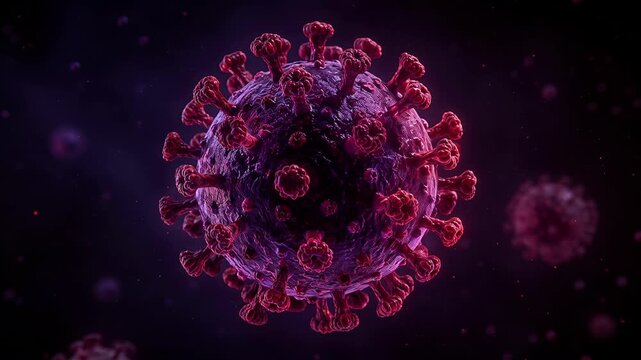 Rotating violet virus cell microscopic, dangerous pathogen and disease immunology medical concept 3D animation