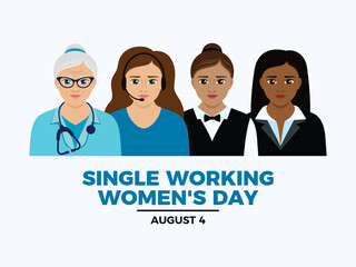 Fototapeta premium Single Working Women's Day poster vector illustration. Female doctor, phone operator, waitress, lawyer icon set. Diverse group of working women drawing. Template for background, banner, card. 4 August