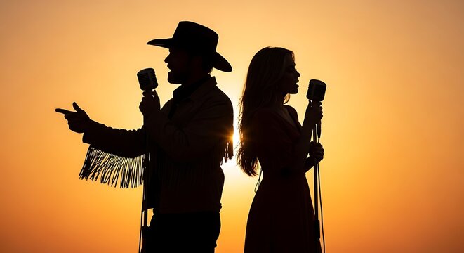 Silhouetted Country Music Duo Singing with Vintage Microphones at Sunset