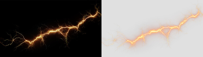 Lightning bolt with bright orange color on transparent background creating a striking visual effect for various designs © Liubov