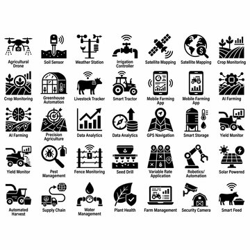 A comprehensive collection of smart farming and agriculture technology icons, illustrating various aspects of modern agricultural practices.