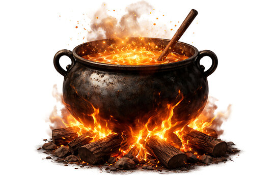 Magic Cauldron Bubbling Over Open Fire with Wood Logs