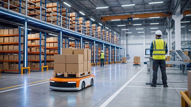 Automated guided vehicle transporting pallet of cardboard boxes in large distribution center, worker supervising operations at control station