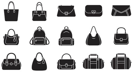 Collection Of Black Silhouette Handbags Backpacks And Duffel Bags On White Background © Imdadul_Studio