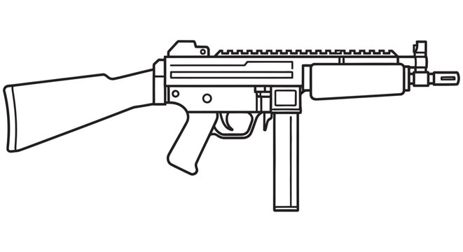 Submachine Gun Line Art Black Outline On White Background armament
