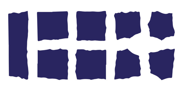 Set of dark blue torn paper pieces with rough ragged edges for design elements