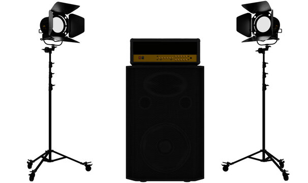 guitar amplifier stack featuring a black head with gold dials on top of a large speaker cabinet