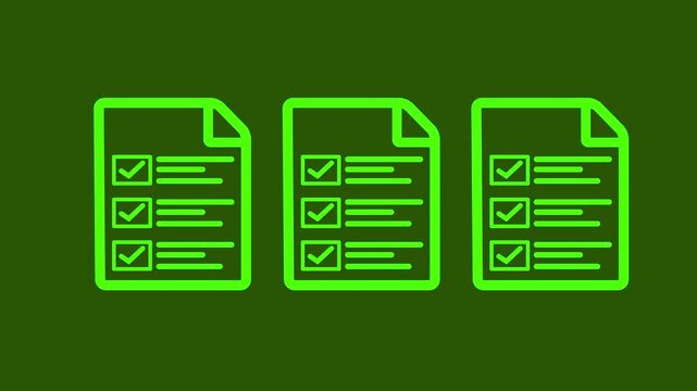 Minimal light green multiple document checklists icon animation on green background, premium clean questionnaire surveys and corporate task complete transition symbol.Animation on a Stock Video,