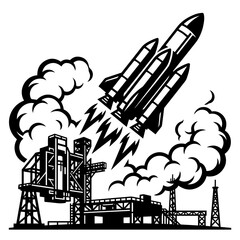 Obraz premium Black and white line of a space shuttle launching from a gantry tower with thick clouds of smoke billowing out underneath it