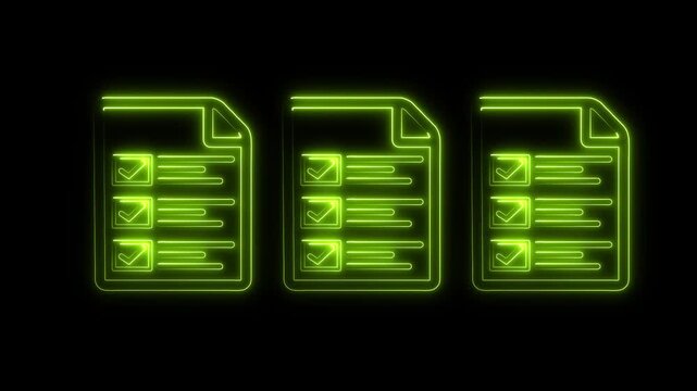 Neon lime green glowing multiple document checklists icon animation isolated on black background, premium cyber bright green questionnaire surveys and digital task complete transition symbol.
