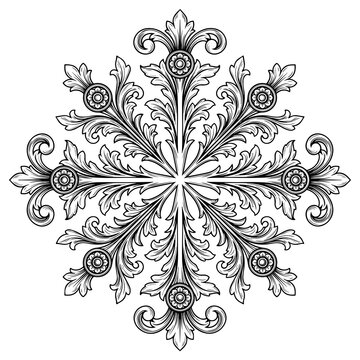 Black and white ornate floral mandala pattern with symmetrical acanthus leaves and circular decorative in a classic vintage scroll style
