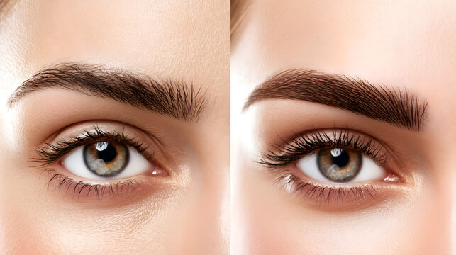 Before and after split composition of sparse natural eyebrows versus fully microbladed defined eyebrows, side by side, white background