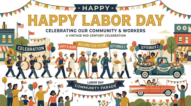 Laborers and townspeople participate in a festive community parade to honor the holiday celebration of workers.