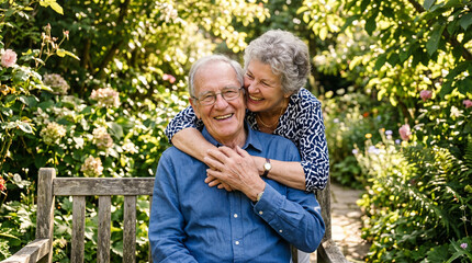Fototapeta premium Senior couple hugging and smiling on wooden garden bench.