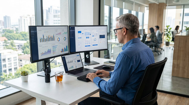Senior businessman working on computer at office desk.
