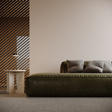 Modern interior design of living room with green leather sofa and empty white wall background. 3D Rendering, 3D Illustration