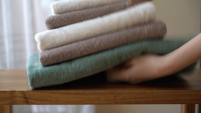 Close-up video of neatly stacked textured cotton terry towels placed on a wooden bench. Soft natural textiles with visible fibers and warm cozy aesthetic in a minimalist home environment 