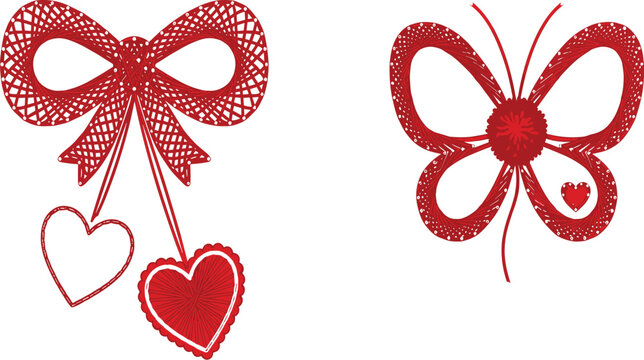 Elegant red string art heart bow and butterfly collection with romantic decorative line design vector illustration for Valentine celebrations
