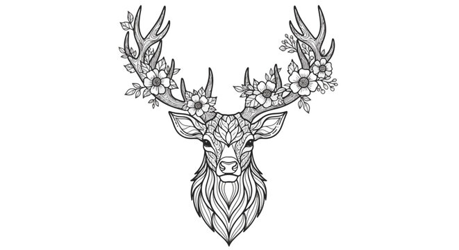 Detailed black and white line art illustration of a deer head with large antlers adorned with flowers and leaves, featuring intricate zentangle patterns for coloring book pages.