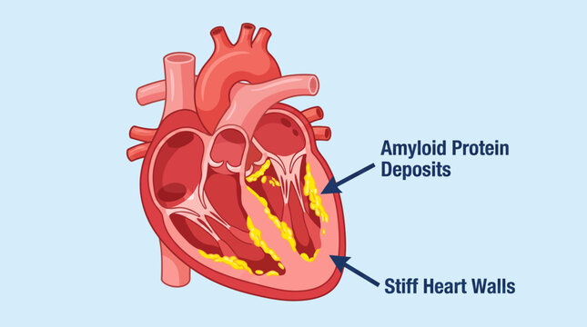 Illustration of a human heart with amyloid protein deposits and stiff heart walls.