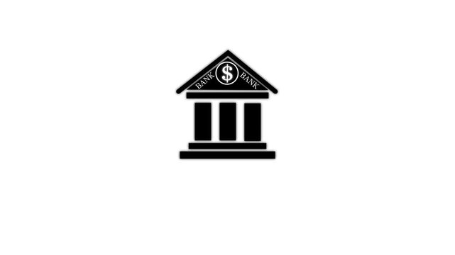 Black bank building with a dollar sign symbol centered on a white background for financial and banking services and institutional concepts