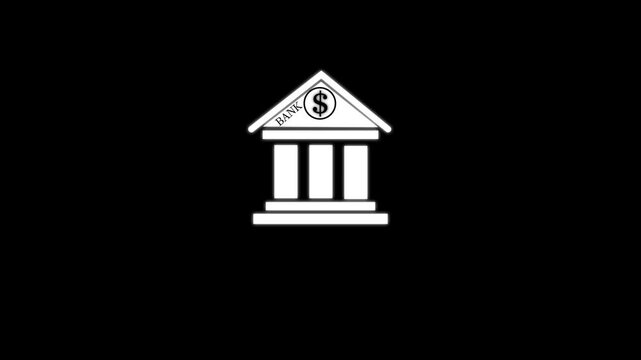 White bank building with a dollar sign symbol centered on a black background for financial and banking services and institutional concepts