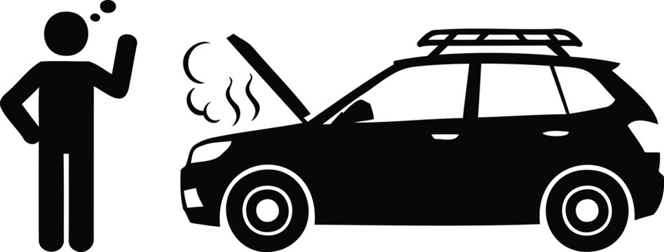 Confused person contemplating a steaming car with its hood open on a white background