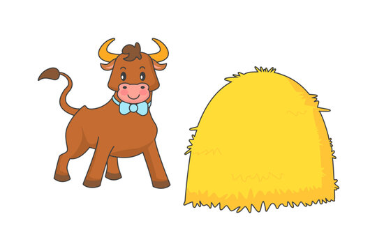 Cute bull, cartoon bull. A young bull and a haystack. Vector illustration.