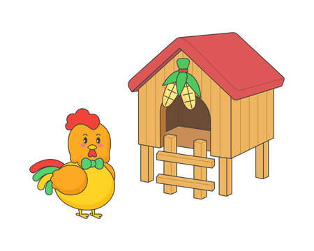 Cute rooster, cartoon rooster. Young rooster enters the henhouse. Vector illustration.