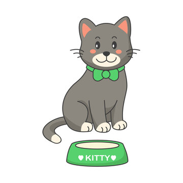 Cute cat, cartoon kitten. A young cat sits near its bowl, waiting for food. Vector illustration.