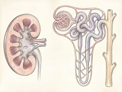 Human Kidney Anatomy Nephron Structure Medical Sketch Illustration