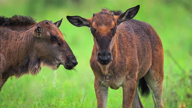 Close up shot of a cute young wild brown antelope calf standing alertly in the green grass of the African savanna
