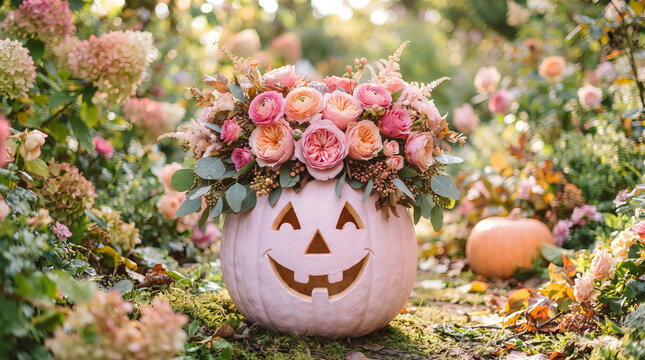 Happy halloween pink pumpkin with flowers decoration