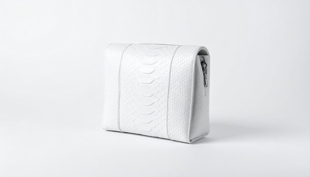White little makeup bag for cosmetics made of python leather, mockup, clipping, isolated on white background