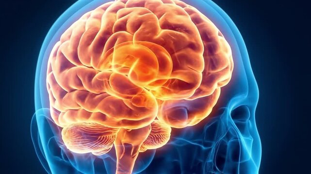 3D render of a human brain scan glowing inside a blue skull. Suitable for education, medical presentation, science documentary, and healthcare.